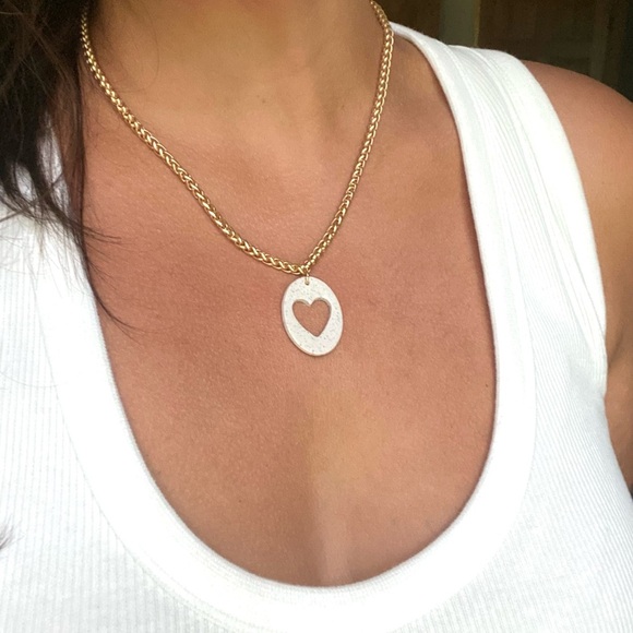 Polymer Clay Speckled White Heart Cut Out Pendant Necklace - Picture 2 of 6